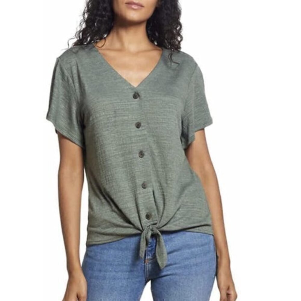 NWoT Weatherproof Vintage Women's Tie Front Top Olive Heather Size XL $40 1B028